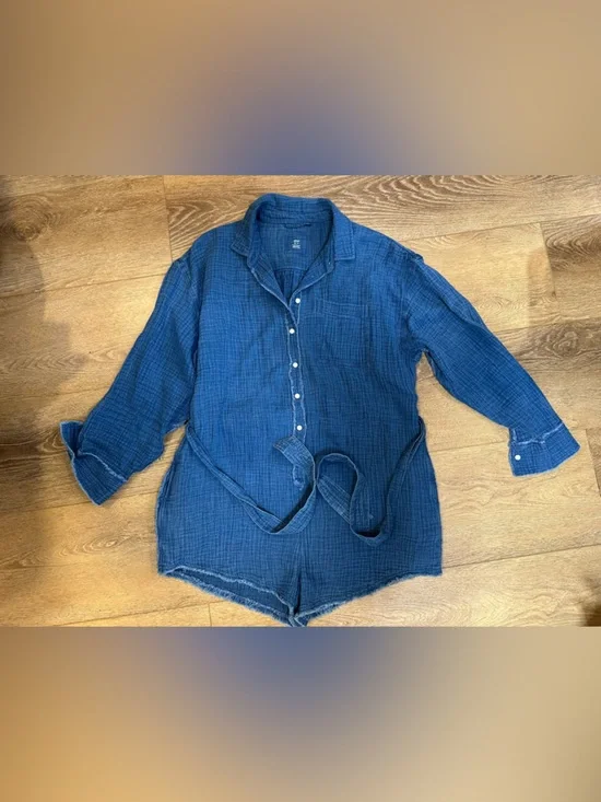 aerie Lightweight Chambray Blue Romper with Frayed Hem - Picture 2 of 13